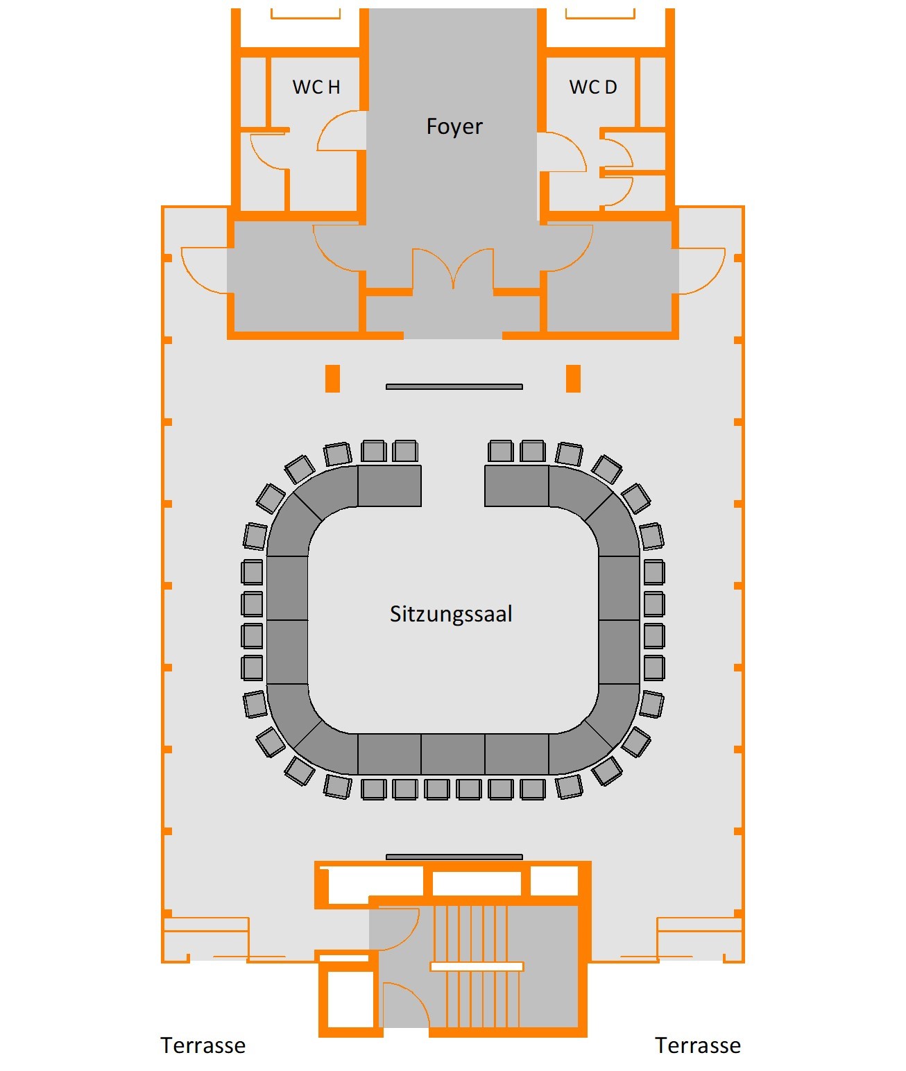 GENO-Haus: Raumplan Veranstaltungsraum 11. OG, Sitzordnung in U-Form (Variante A) GENO-Haus: Raumplan Veranstaltungsraum 11. OG, Sitzordnung in U-Form (Variante A)
